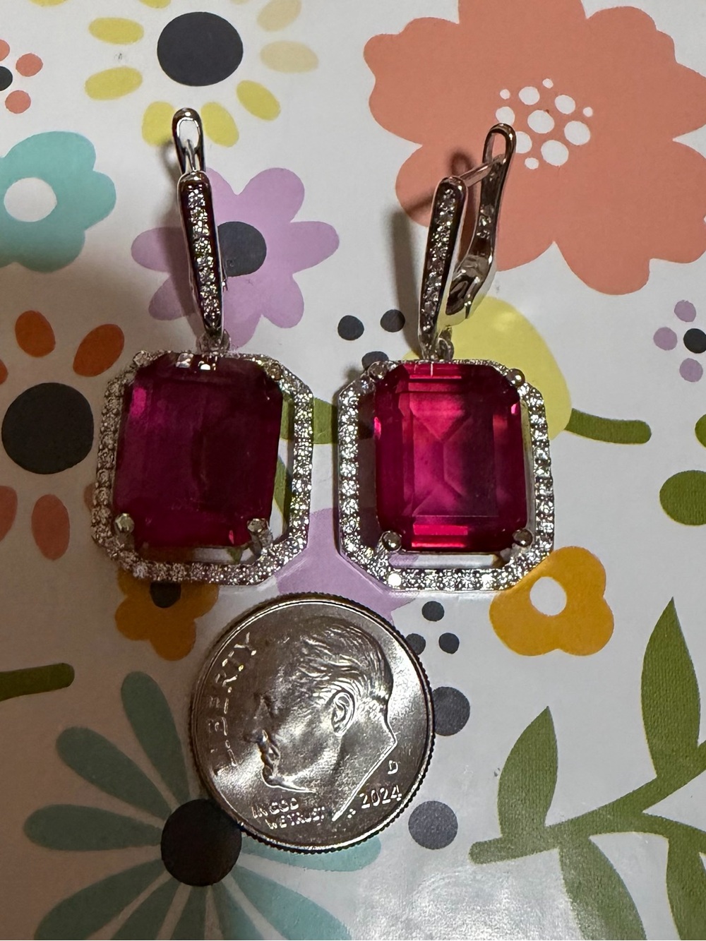 Elegant Pink Cubic Zirconia (faux pink sapphire, faux diamond)Halo Drop Earrings